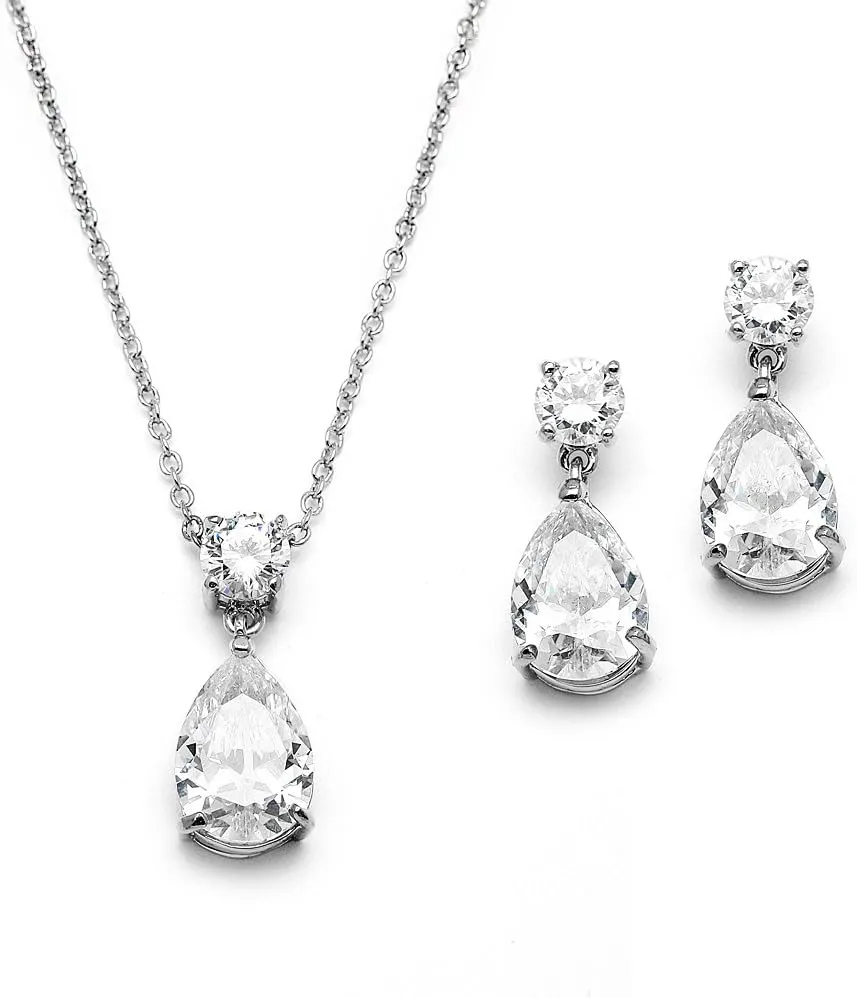 Mariell Glamorous Pear-Shaped Cubic Zirconia Wedding Necklace and Earrings Set for Brides or Bridesmaids