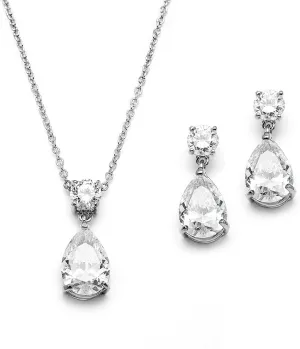 Mariell Glamorous Pear-Shaped Cubic Zirconia Wedding Necklace and Earrings Set for Brides or Bridesmaids