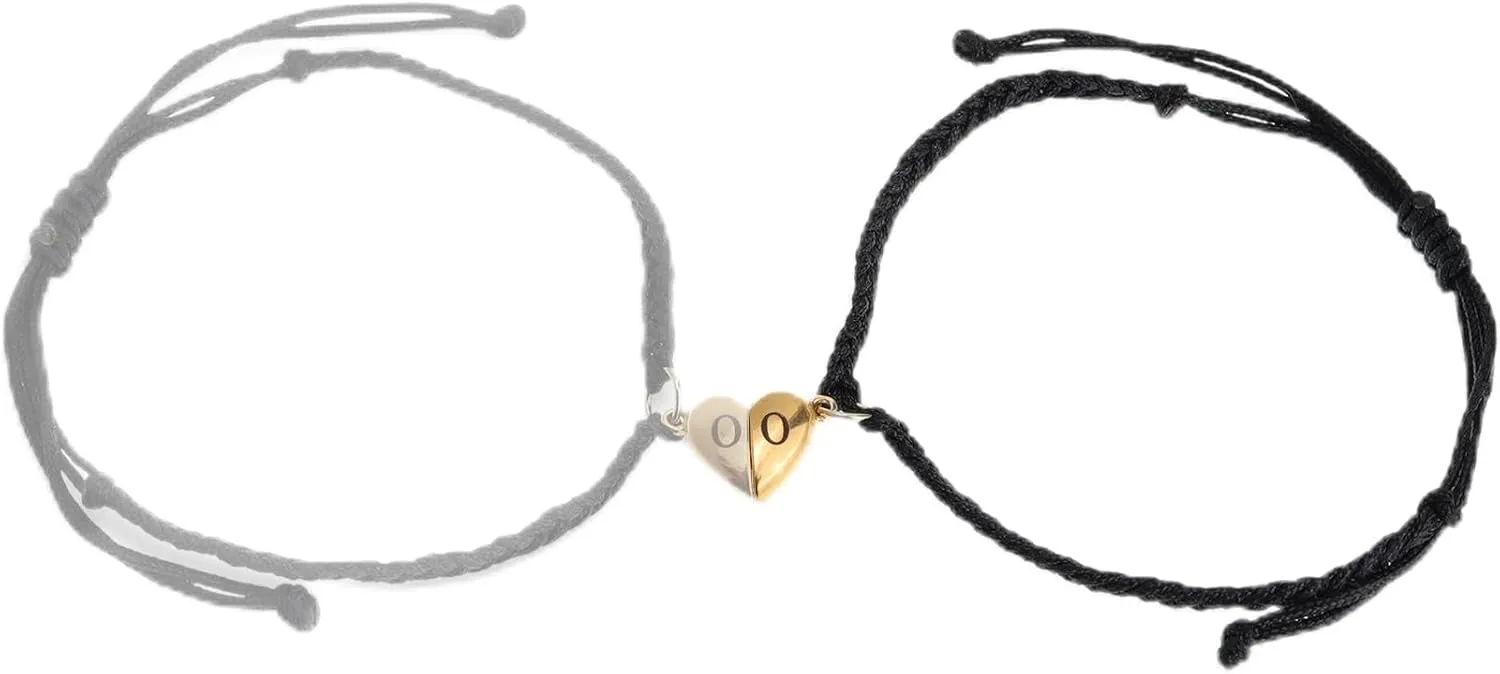Matching Bracelets for Couples, Gold Heart Initial Friendship Adjustable Bracelet Women Cute Match Charm Letter Name Black Braided Rope Valentines Bf Gf Friends Jewelry Gift