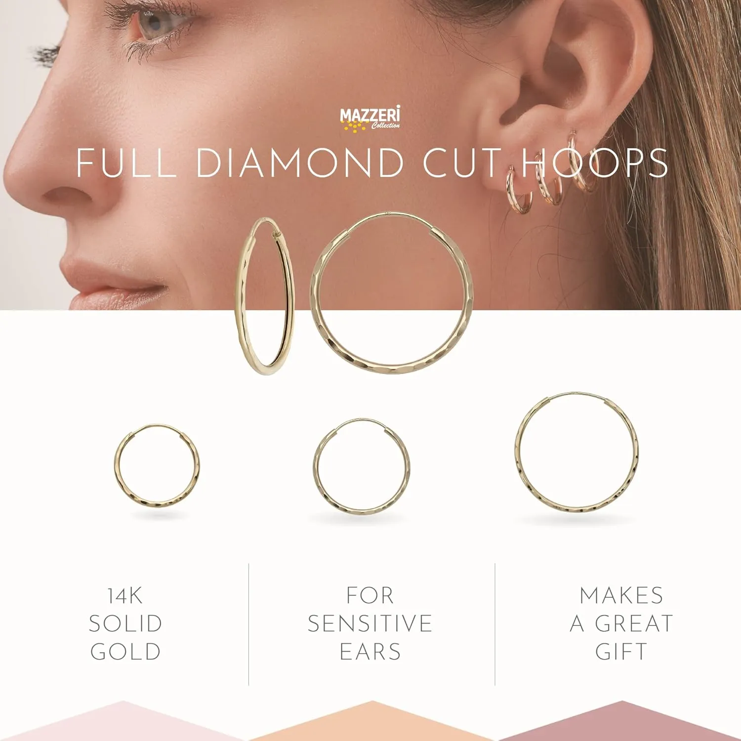 MAZZERI 14k Diamond Cut Gold Hoop Earrings, 1-mm, Hypoallergenic, Round Endless Closure Hoops for Pierced Ears