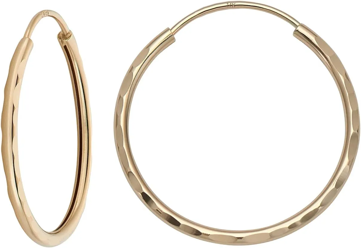 MAZZERI 14k Diamond Cut Gold Hoop Earrings, 1-mm, Hypoallergenic, Round Endless Closure Hoops for Pierced Ears