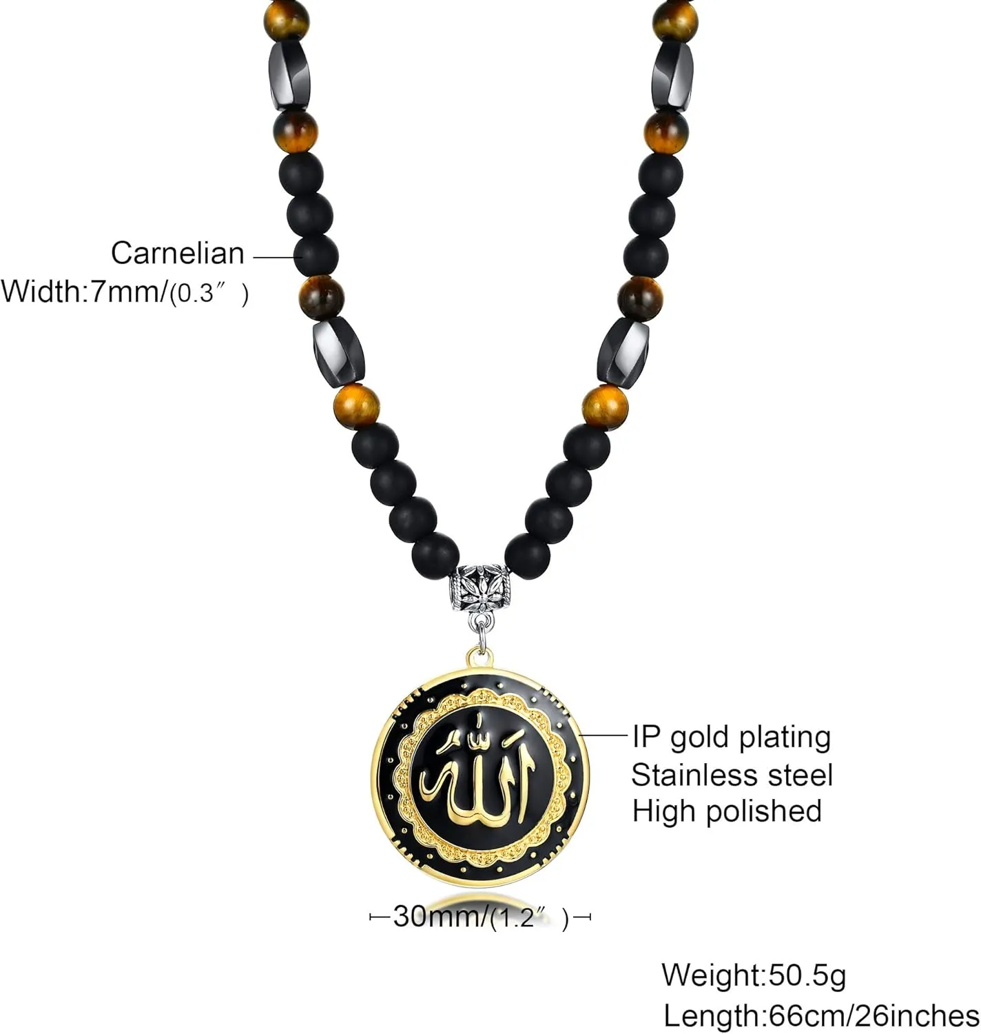 MEALGUET Allah Medallion Necklace, Stainless Steel Islamic Jewelry,Arabic Jewelry,Allah Name of God Round Pendant Necklace for Women and Men with Agate Beaded Chain, Muslim Gift Jewelry, Gift