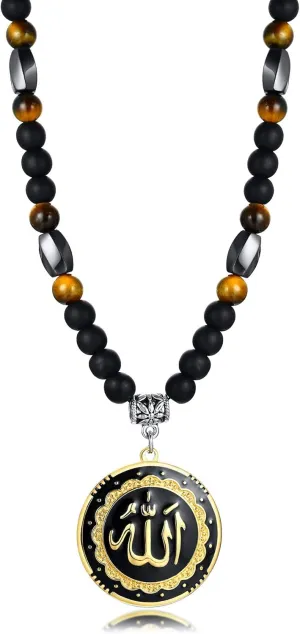 MEALGUET Allah Medallion Necklace, Stainless Steel Islamic Jewelry,Arabic Jewelry,Allah Name of God Round Pendant Necklace for Women and Men with Agate Beaded Chain, Muslim Gift Jewelry, Gift