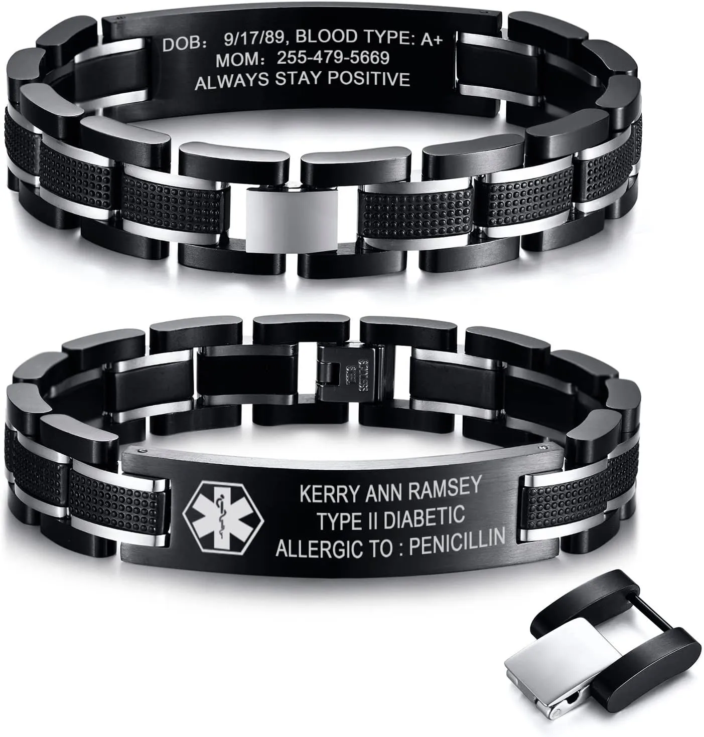MEALGUET Free Custom Engraving Medical ID Bracelet 2-Tone Blue Black Titanium Steel Chunky Men's Medical Alert Bracelet Wristband for Dad Husband Grandpa Personalized & Waterproof