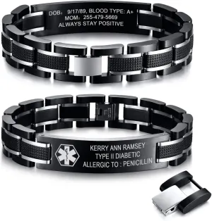MEALGUET Free Custom Engraving Medical ID Bracelet 2-Tone Blue Black Titanium Steel Chunky Men's Medical Alert Bracelet Wristband for Dad Husband Grandpa Personalized & Waterproof