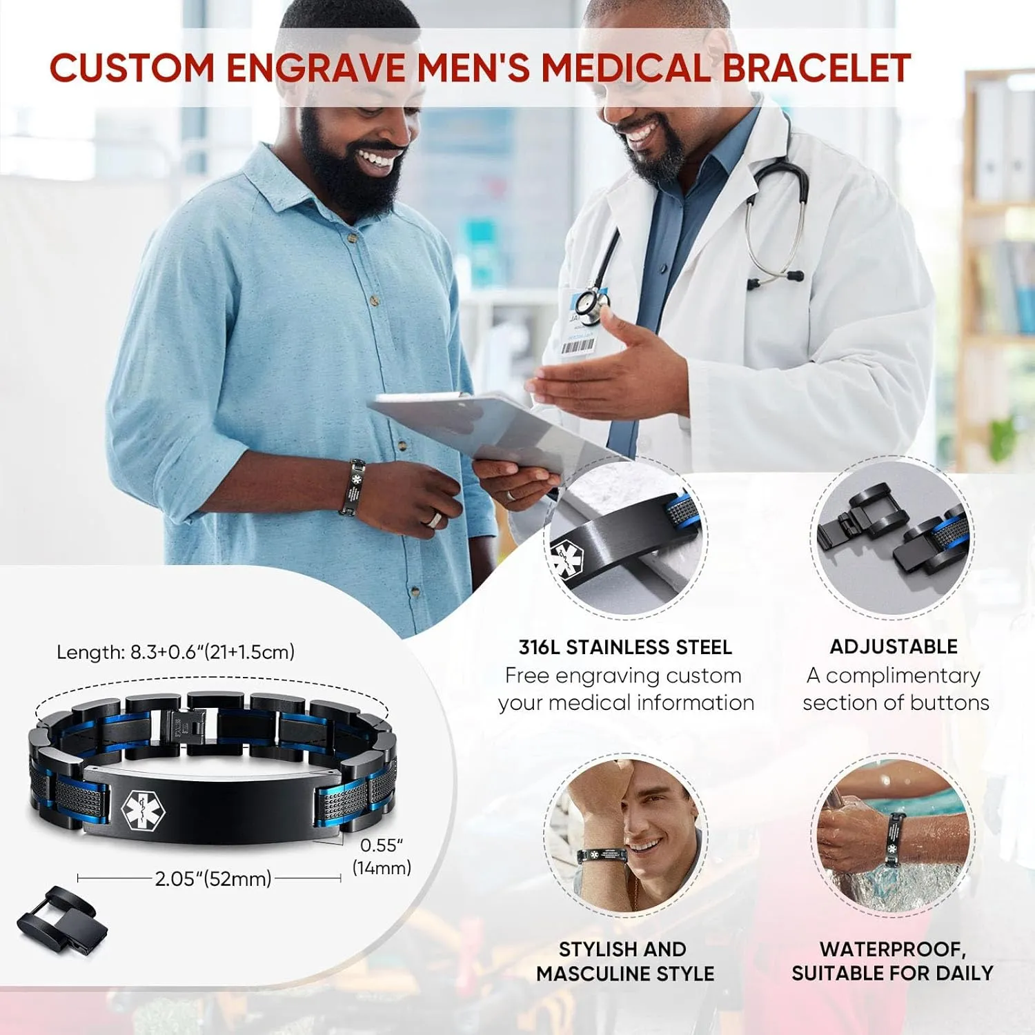 MEALGUET Free Custom Engraving Medical ID Bracelet 2-Tone Blue Black Titanium Steel Heavy Masculine Elaborate Men's Medical Alert Bracelet Wristband Jewelry for Dad Customizable & Waterproof