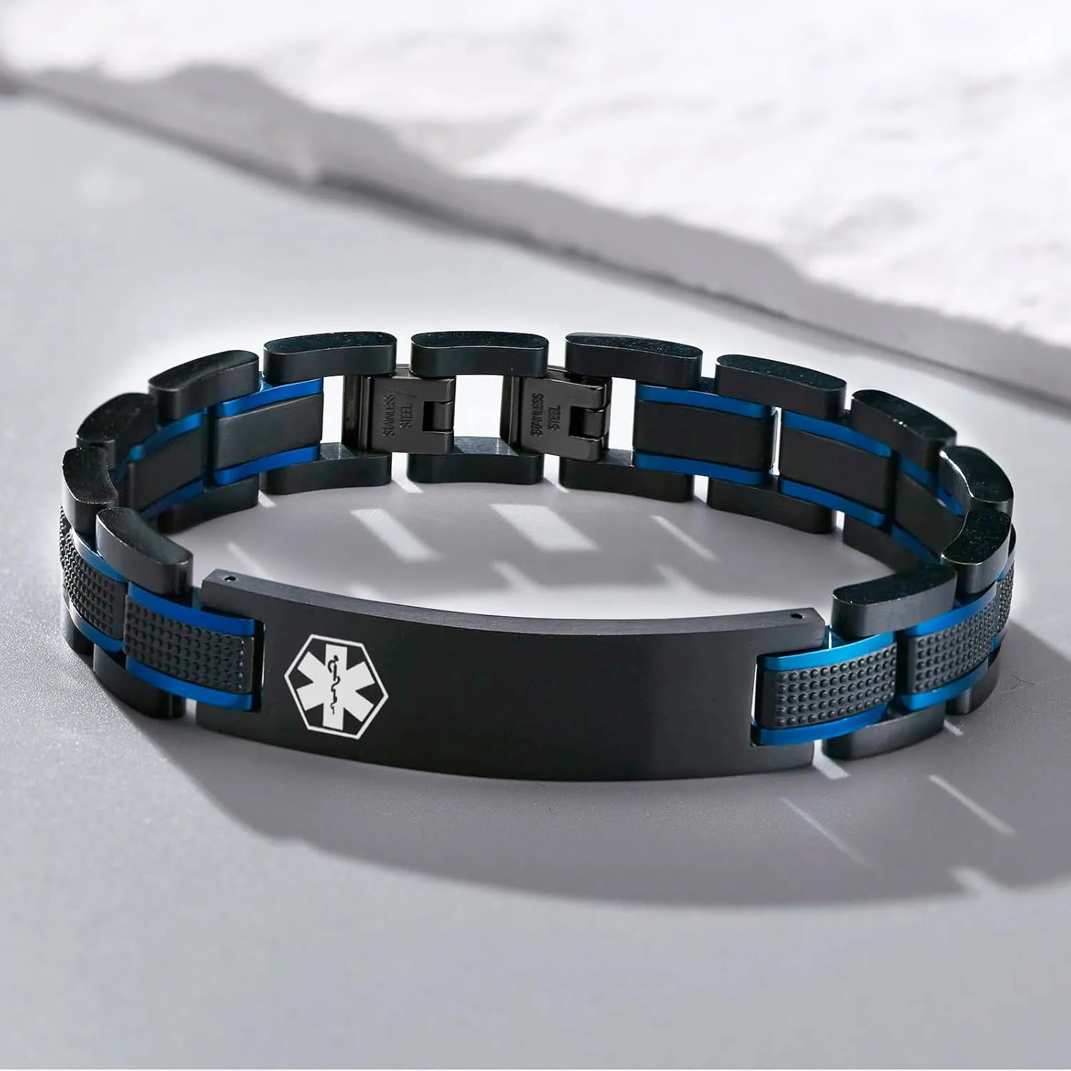 MEALGUET Free Custom Engraving Medical ID Bracelet 2-Tone Blue Black Titanium Steel Heavy Masculine Elaborate Men's Medical Alert Bracelet Wristband Jewelry for Dad Customizable & Waterproof