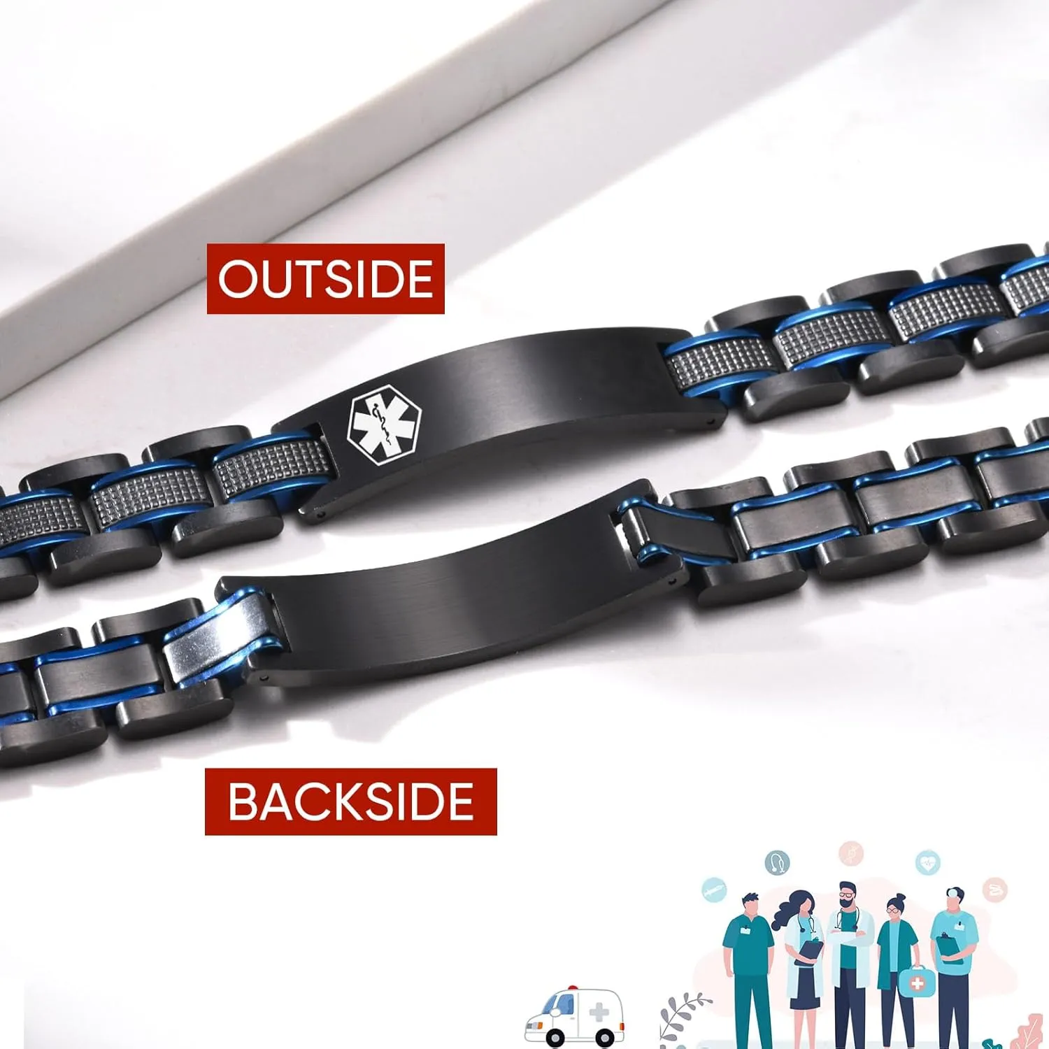 MEALGUET Free Custom Engraving Medical ID Bracelet 2-Tone Blue Black Titanium Steel Heavy Masculine Elaborate Men's Medical Alert Bracelet Wristband Jewelry for Dad Customizable & Waterproof