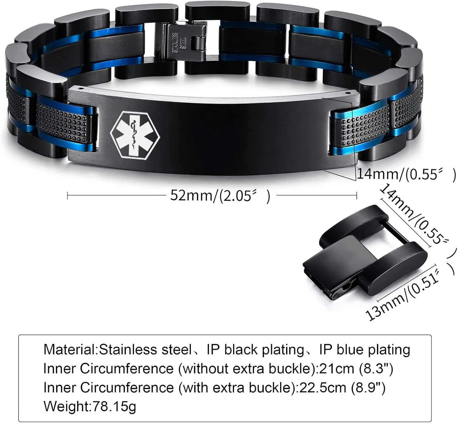 MEALGUET Free Custom Engraving Medical ID Bracelet 2-Tone Blue Black Titanium Steel Heavy Masculine Elaborate Men's Medical Alert Bracelet Wristband Jewelry for Dad Customizable & Waterproof