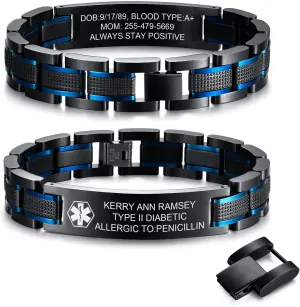 MEALGUET Free Custom Engraving Medical ID Bracelet 2-Tone Blue Black Titanium Steel Heavy Masculine Elaborate Men's Medical Alert Bracelet Wristband Jewelry for Dad Customizable & Waterproof