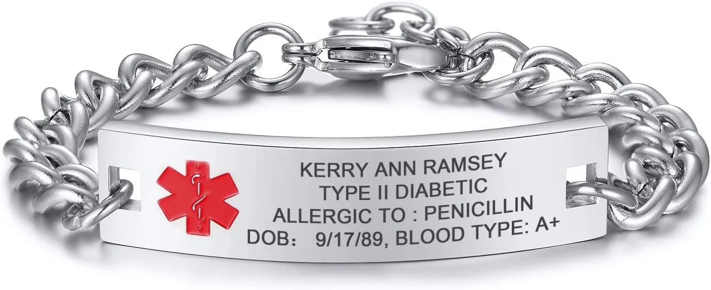 MEALGUET Free Engraving Stainless Steel Medical Alert ID Bracelet,Curb Chain Link Medic Emergency ID Bracelet for Men Women,Customizable & Waterproof