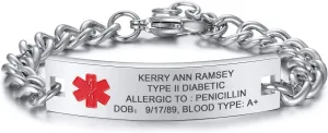 MEALGUET Free Engraving Stainless Steel Medical Alert ID Bracelet,Curb Chain Link Medic Emergency ID Bracelet for Men Women,Customizable & Waterproof