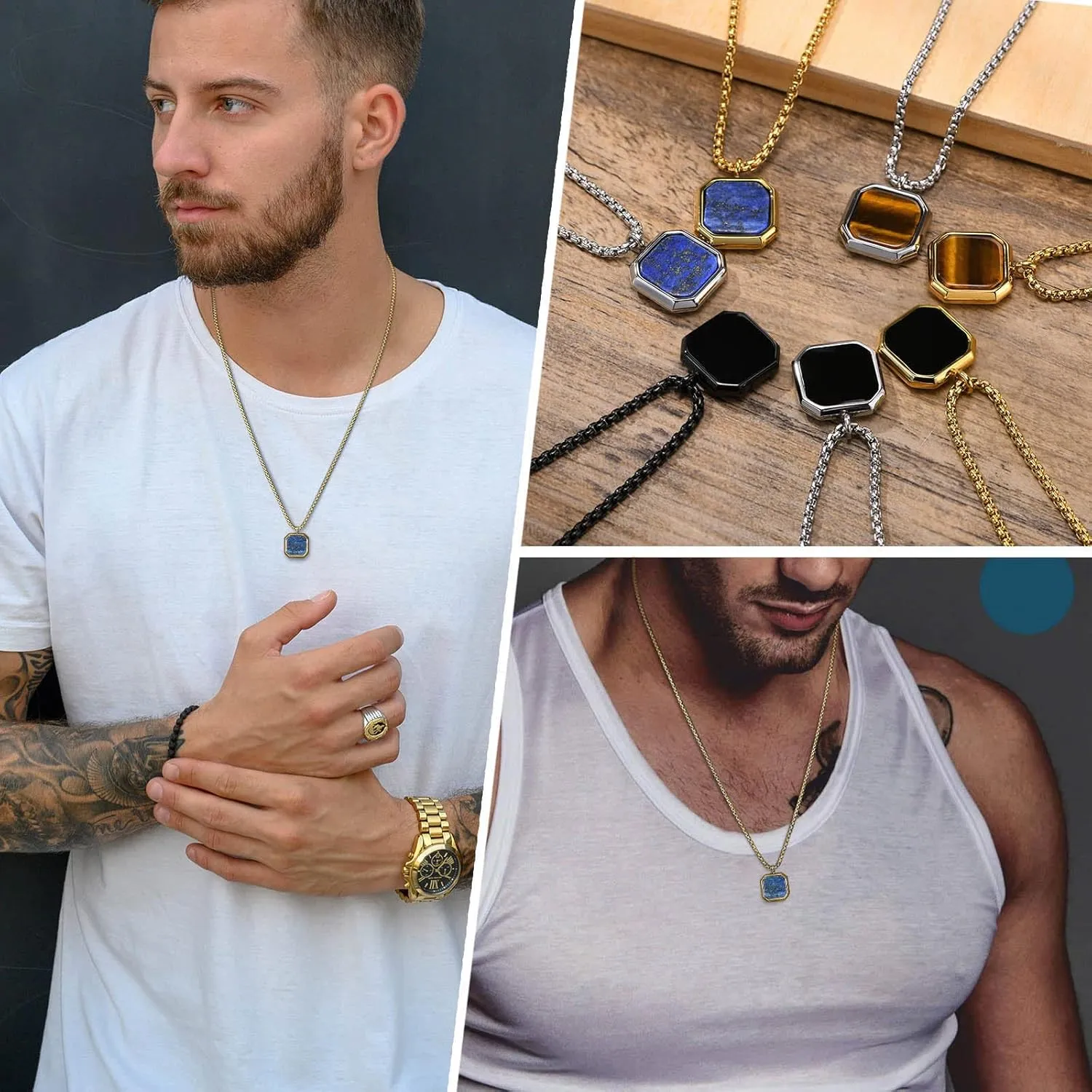 MEALGUET Men's Stainless Steel Necklace | Square Natural Stone Tiger's Eye Stone Agate Pendant Minimalist Geometric Necklace for Men Boys, with 24" Rolo Chain, Male Jewelry Gift