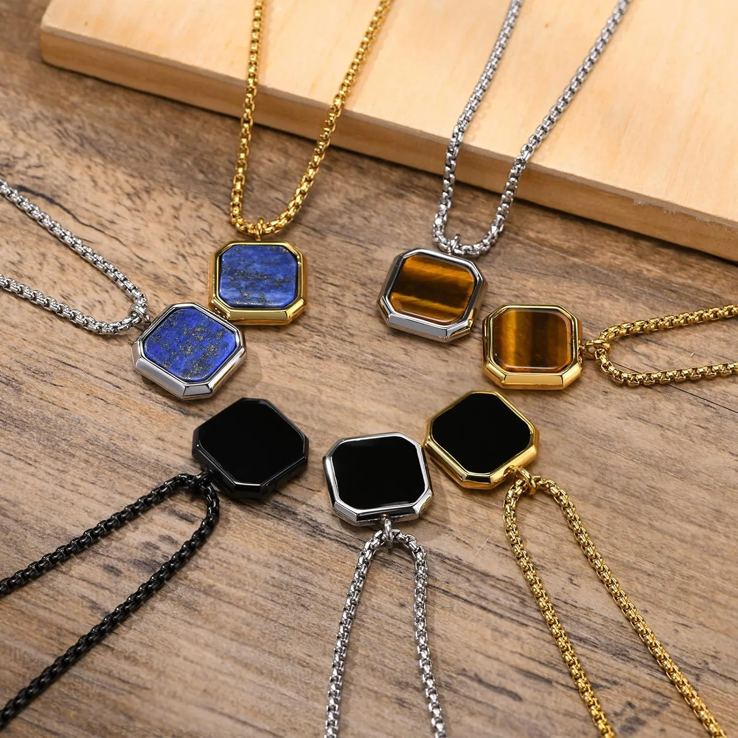 MEALGUET Men's Stainless Steel Necklace | Square Natural Stone Tiger's Eye Stone Agate Pendant Minimalist Geometric Necklace for Men Boys, with 24" Rolo Chain, Male Jewelry Gift
