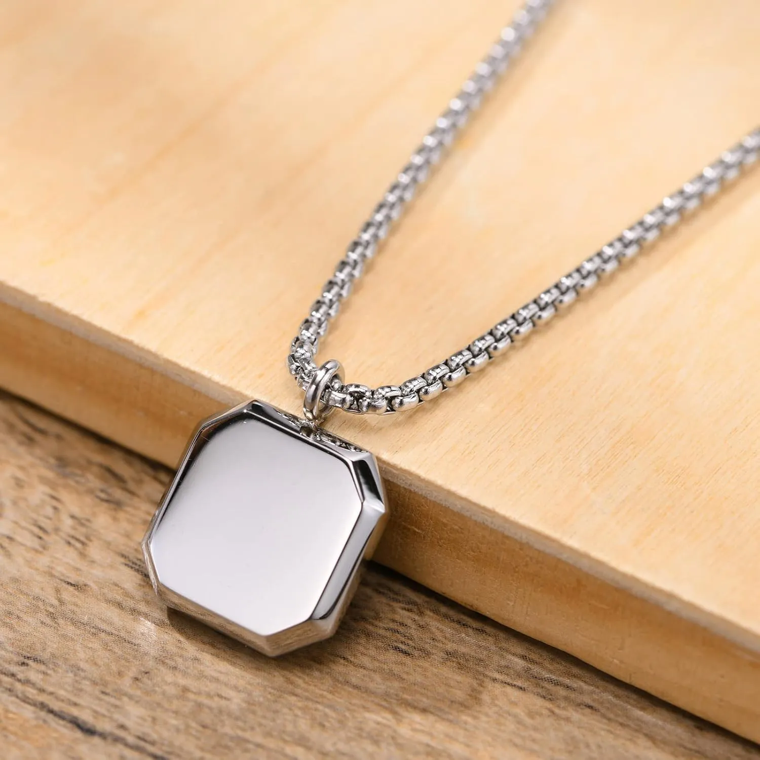 MEALGUET Men's Stainless Steel Necklace | Square Natural Stone Tiger's Eye Stone Agate Pendant Minimalist Geometric Necklace for Men Boys, with 24" Rolo Chain, Male Jewelry Gift