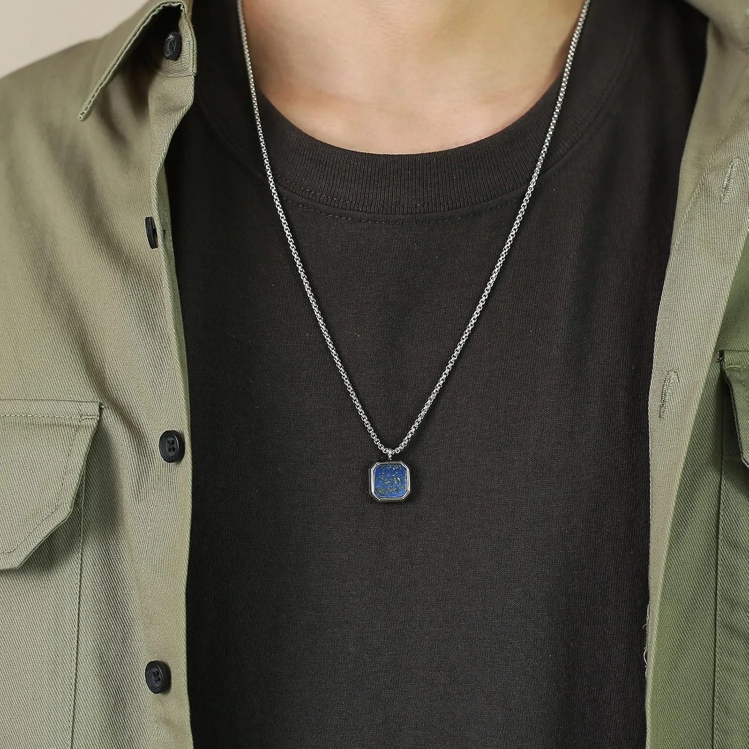 MEALGUET Men's Stainless Steel Necklace | Square Natural Stone Tiger's Eye Stone Agate Pendant Minimalist Geometric Necklace for Men Boys, with 24" Rolo Chain, Male Jewelry Gift