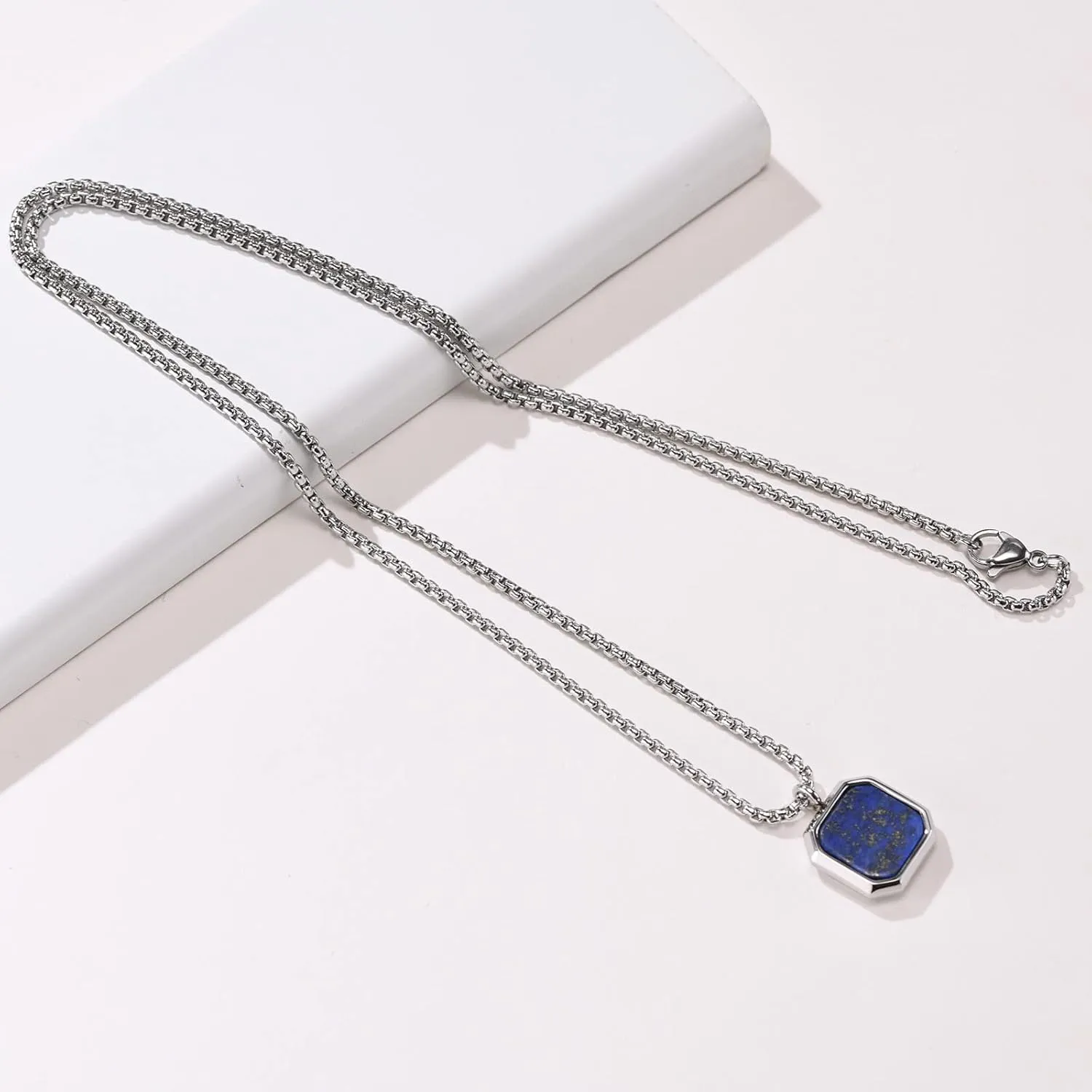 MEALGUET Men's Stainless Steel Necklace | Square Natural Stone Tiger's Eye Stone Agate Pendant Minimalist Geometric Necklace for Men Boys, with 24" Rolo Chain, Male Jewelry Gift