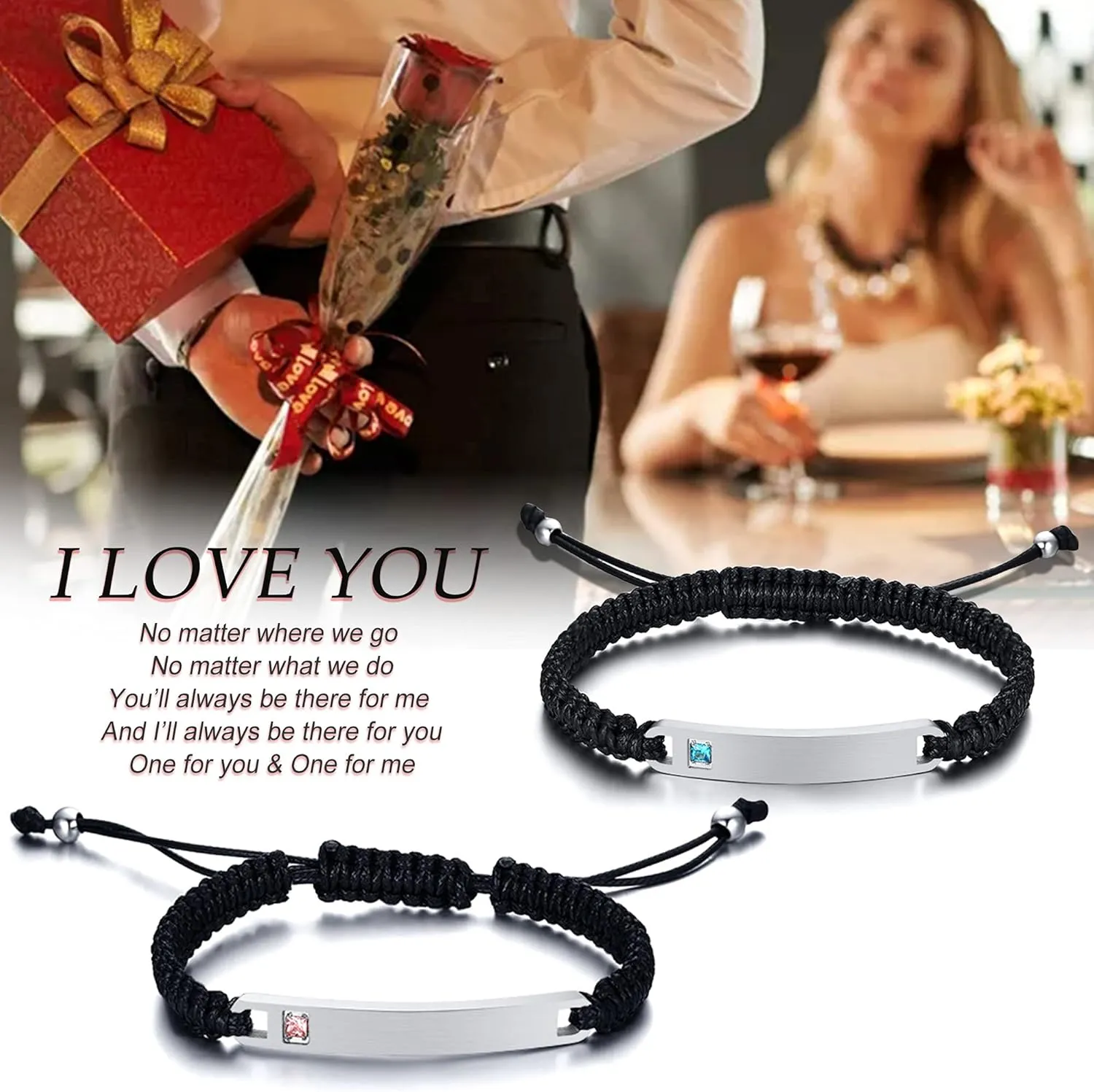 MEALGUET Personalized Stainless Steel Braided Rope Adjustable Hollow Heart Couples Bracelet Distance Matching Bracelets for him and her, His Hers Handmade Macrame Couple Lover Bracelet