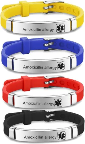 Medical Alert Personalized Adjust ID Bracelet Set Custom Medic Allergy Wristbands Food Drug Allergies Medical ID Bracelets Emergency Jewelry for Son,Daughter,4 Packs