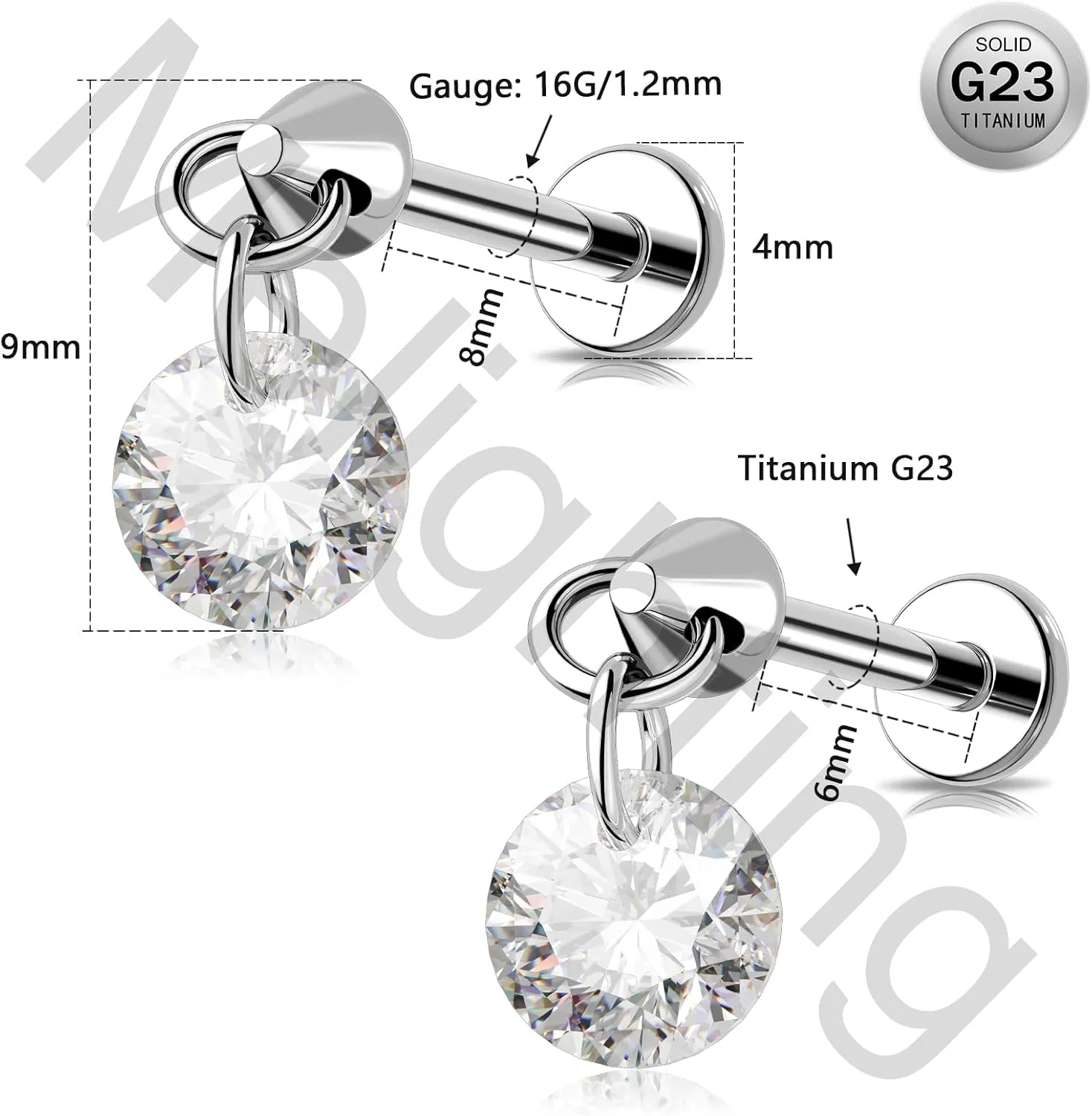 MeIighting Titanium G23 Threadless Earring 16G Dangle Flat Back Earring Threadless Push in Cartilage Earring 6/8 mm Tragus Helix Piercing Jewelry Clear CZ Labret Ring