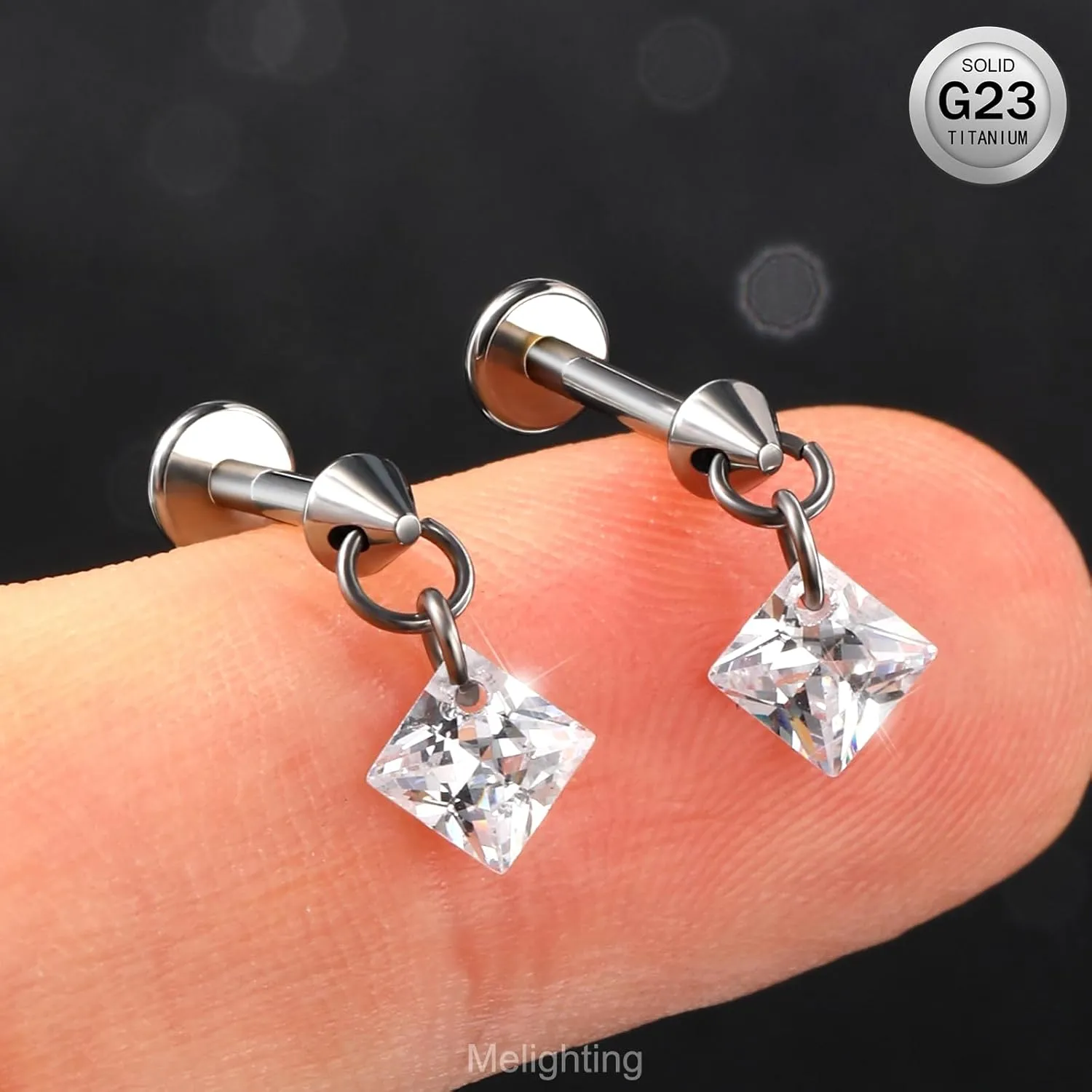MeIighting Titanium G23 Threadless Earring 16G Dangle Flat Back Earring Threadless Push in Cartilage Earring 6/8 mm Tragus Helix Piercing Jewelry Clear CZ Labret Ring