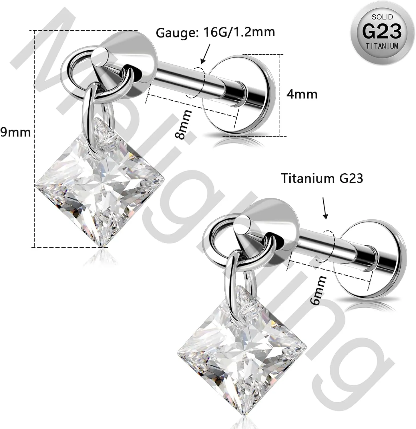 MeIighting Titanium G23 Threadless Earring 16G Dangle Flat Back Earring Threadless Push in Cartilage Earring 6/8 mm Tragus Helix Piercing Jewelry Clear CZ Labret Ring