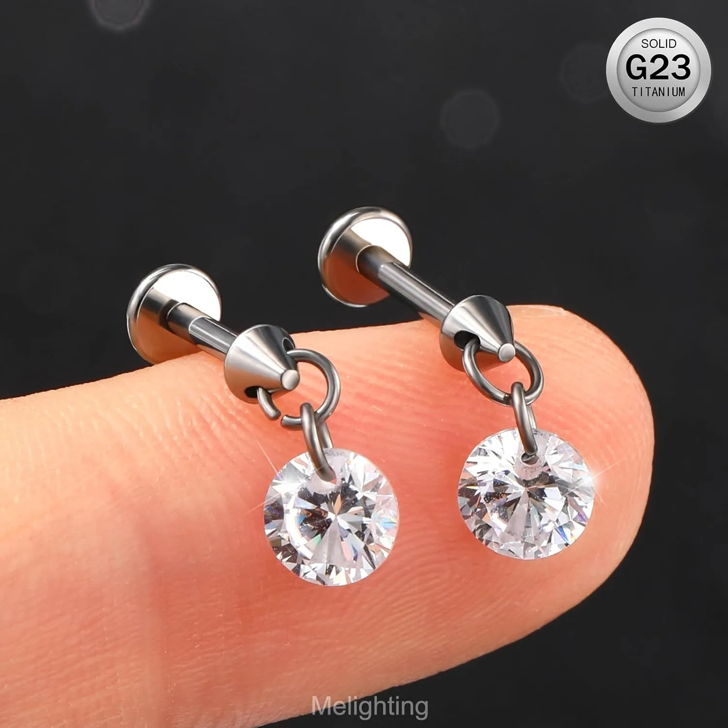MeIighting Titanium G23 Threadless Earring 16G Dangle Flat Back Earring Threadless Push in Cartilage Earring 6/8 mm Tragus Helix Piercing Jewelry Clear CZ Labret Ring