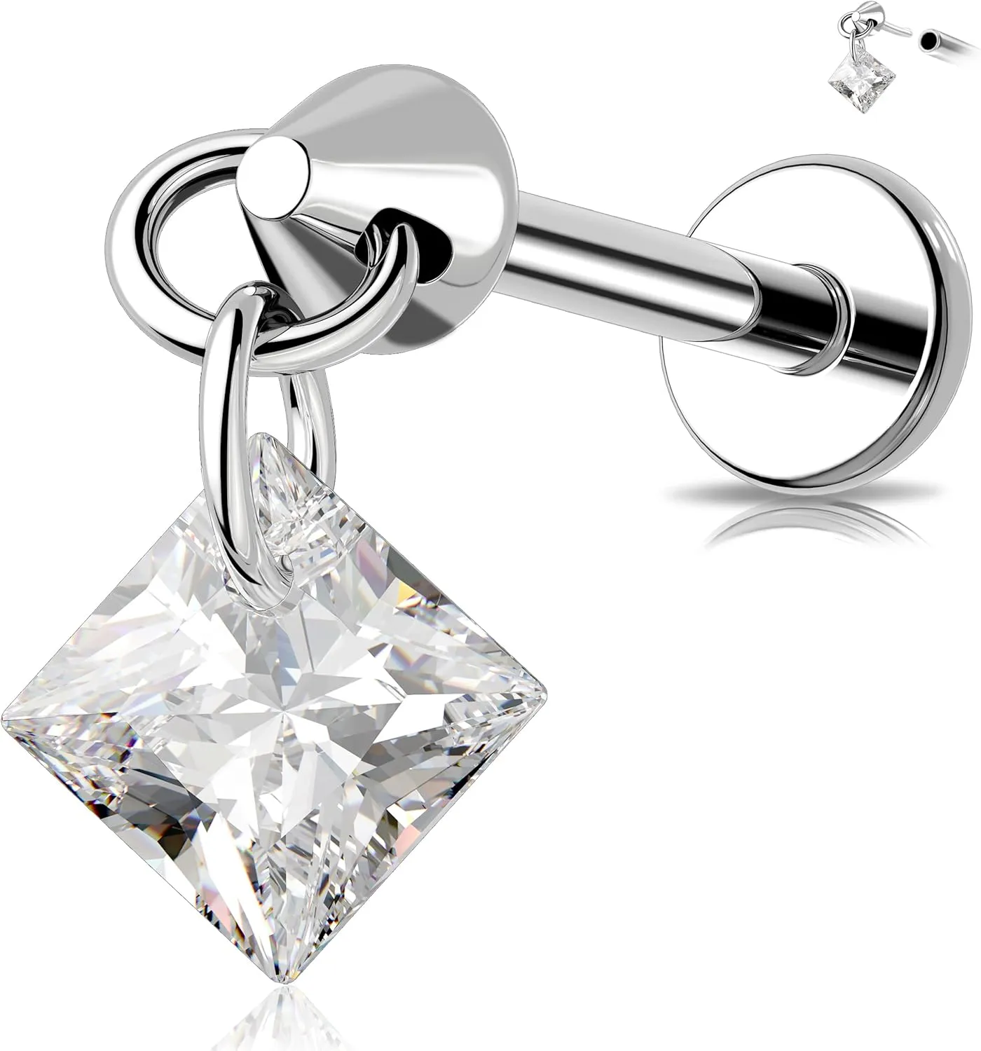 MeIighting Titanium G23 Threadless Earring 16G Dangle Flat Back Earring Threadless Push in Cartilage Earring 6/8 mm Tragus Helix Piercing Jewelry Clear CZ Labret Ring