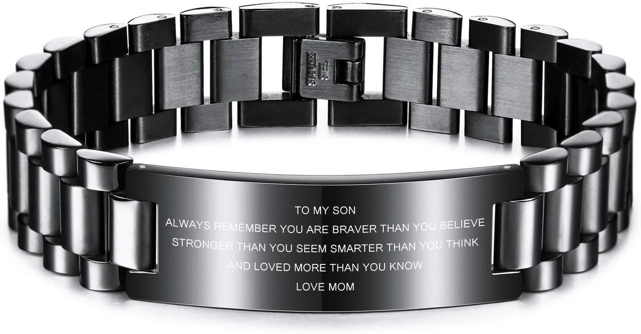 MeMeDIY TO MY SON Love from MOM AND DAD Courage Inspirational Bracelets Personalized Graduation Gifts for Son Stainless Steel Adjustable Wristband Birthday Gift