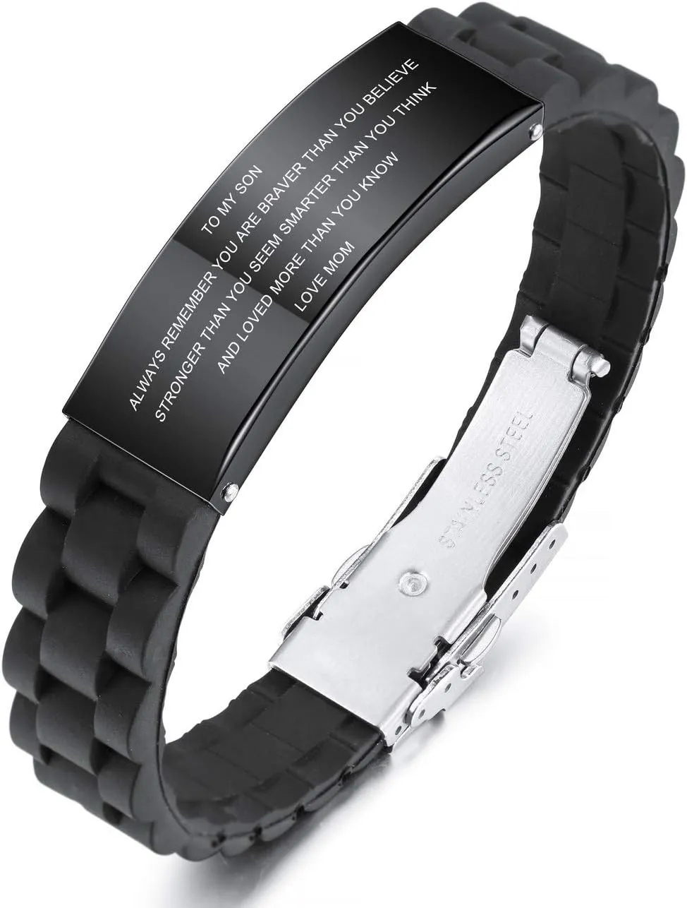 MeMeDIY TO MY SON Love From Mom and Dad Courage Inspirational Bracelets Personalized Graduation Gifts for Son Stainless Steel Rubber Adjustable Wristband Birthday Gift