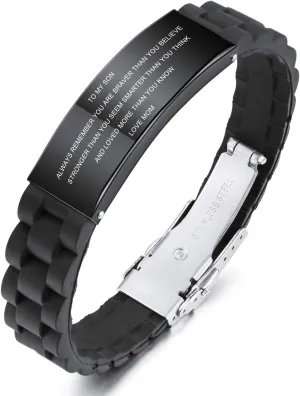 MeMeDIY TO MY SON Love From Mom and Dad Courage Inspirational Bracelets Personalized Graduation Gifts for Son Stainless Steel Rubber Adjustable Wristband Birthday Gift