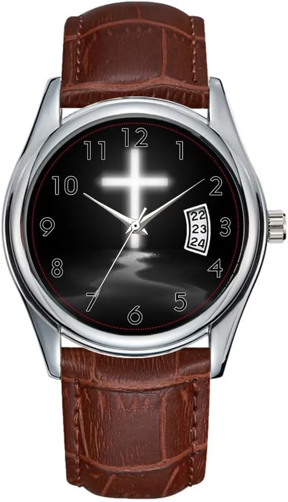 Men Watch Casual Waterproof Quartz Watches Clock Date Classic Business Brown Leather Christmas Wristwatch Christian Cross Reflection in The Mist Wristwatch
