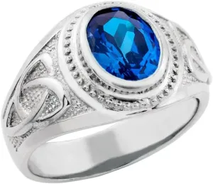 Men's 925 Silver Trinity Knot Band Blue CZ September Birthstone Celtic Cross Ring