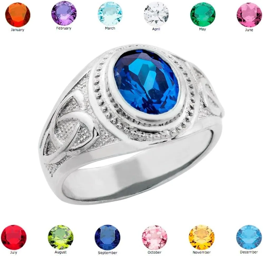 Men's 925 Silver Trinity Knot Band Blue CZ September Birthstone Celtic Cross Ring