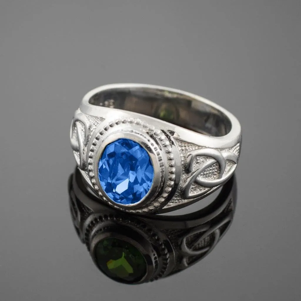 Men's 925 Silver Trinity Knot Band Blue CZ September Birthstone Celtic Cross Ring