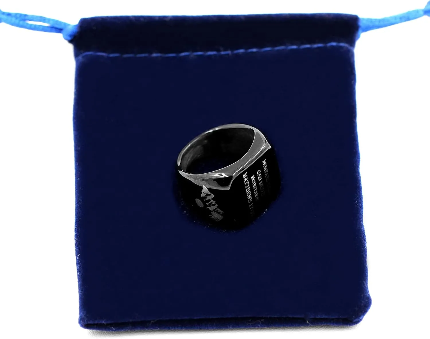 Men's Black Christian Bands Square Ring Engraved Mustard Seed Can Move Mountains Y940