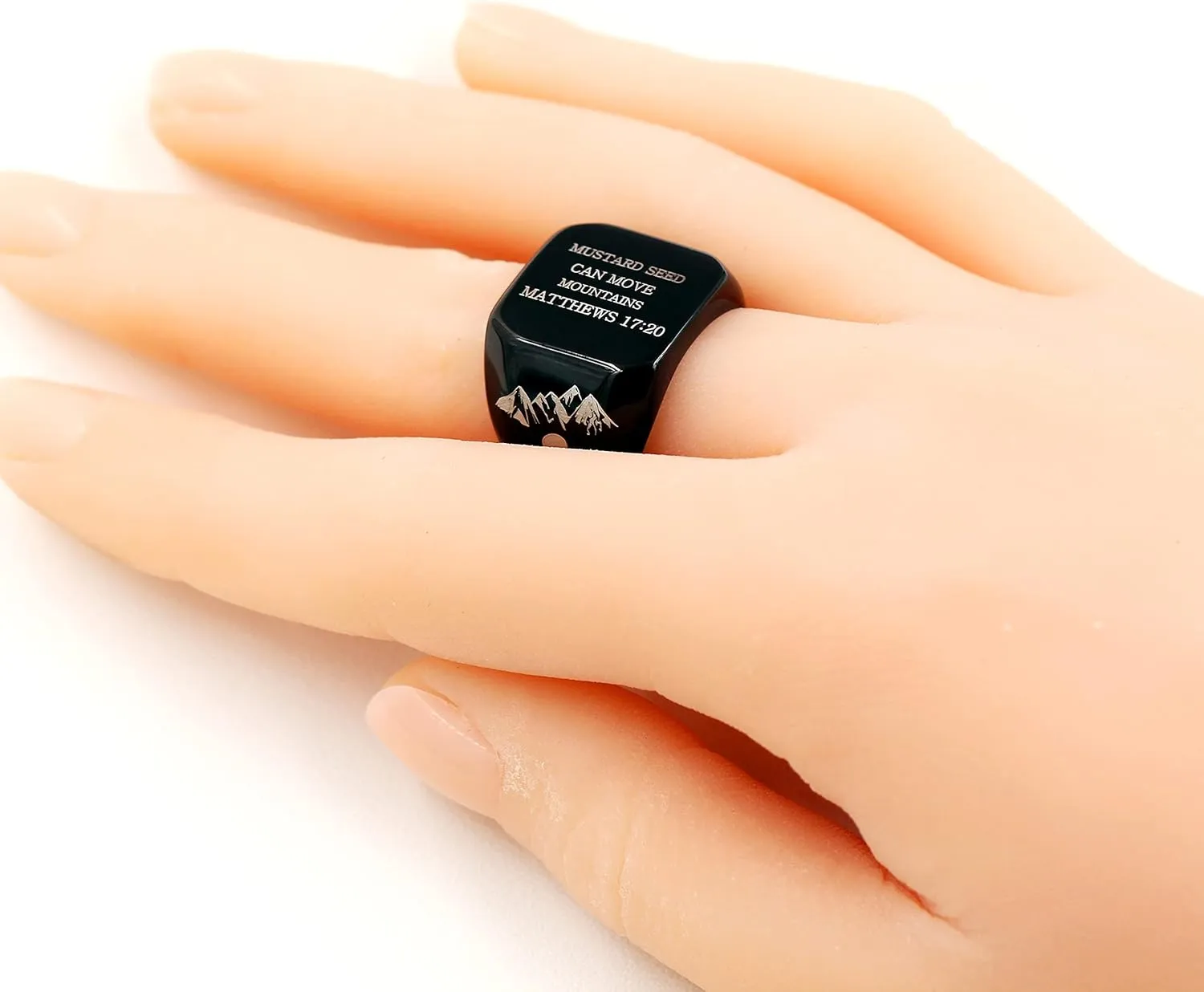 Men's Black Christian Bands Square Ring Engraved Mustard Seed Can Move Mountains Y940