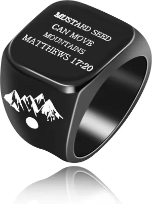 Men's Black Christian Bands Square Ring Engraved Mustard Seed Can Move Mountains Y940