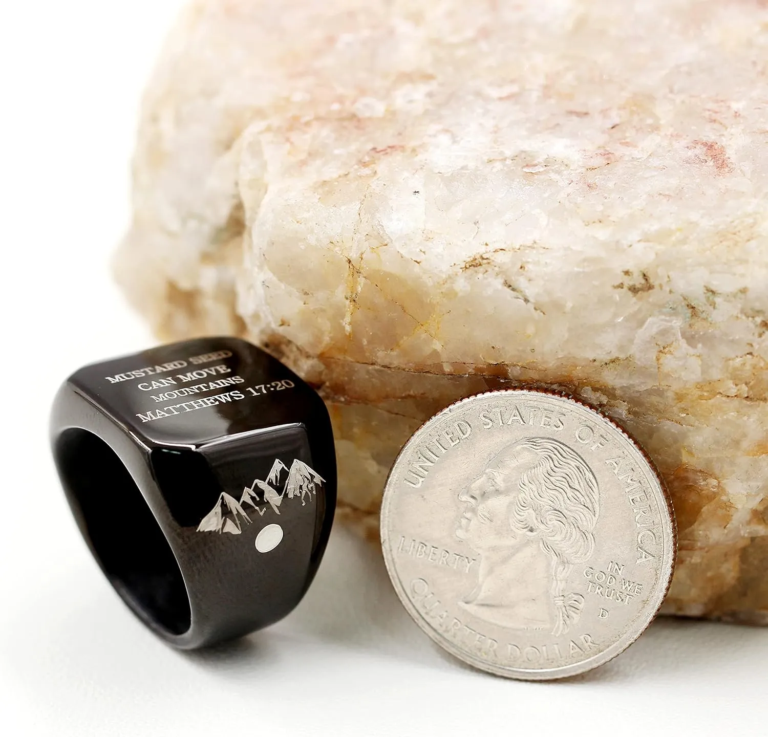 Men's Black Christian Bands Square Ring Engraved Mustard Seed Can Move Mountains Y940