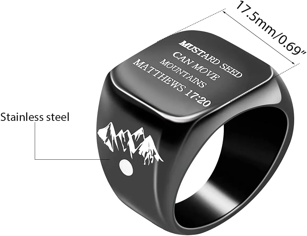 Men's Black Christian Bands Square Ring Engraved Mustard Seed Can Move Mountains Y940