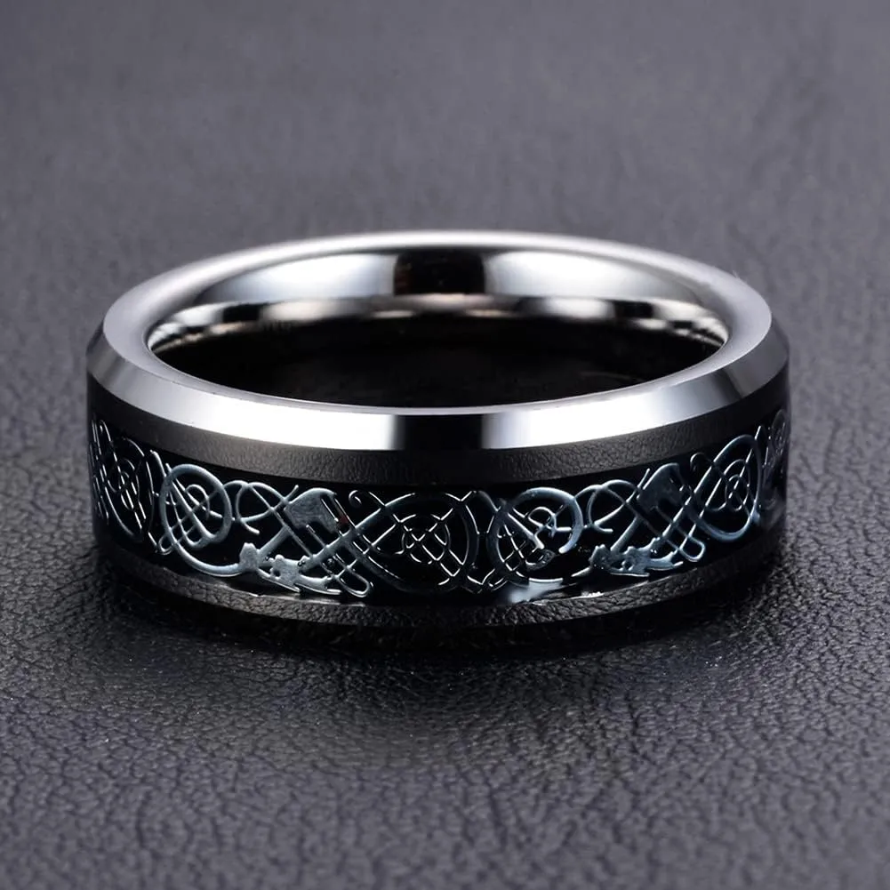 Men's Celtic Dragon Ring 8MM Silver/Black/Gold/Blue/Red Carbon Fiber Stainless Steel Ring for Men Women Engagement Wedding Band Beveled Edges Celtic Ring High Polished Comfort Fit US Size 5-13