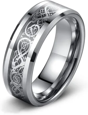 Men's Celtic Dragon Ring 8MM Silver/Black/Gold/Blue/Red Carbon Fiber Stainless Steel Ring for Men Women Engagement Wedding Band Beveled Edges Celtic Ring High Polished Comfort Fit US Size 5-13