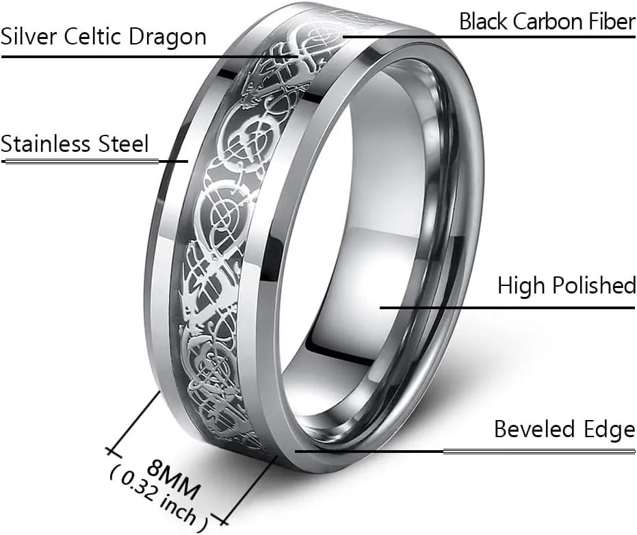 Men's Celtic Dragon Ring 8MM Silver/Black/Gold/Blue/Red Carbon Fiber Stainless Steel Ring for Men Women Engagement Wedding Band Beveled Edges Celtic Ring High Polished Comfort Fit US Size 5-13