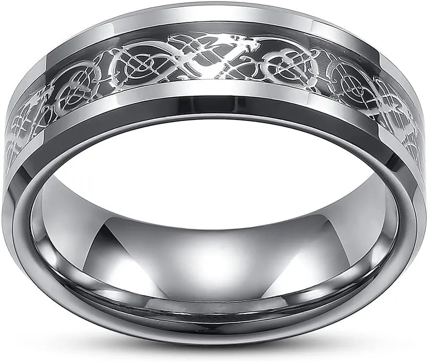 Men's Celtic Dragon Ring 8MM Silver/Black/Gold/Blue/Red Carbon Fiber Stainless Steel Ring for Men Women Engagement Wedding Band Beveled Edges Celtic Ring High Polished Comfort Fit US Size 5-13