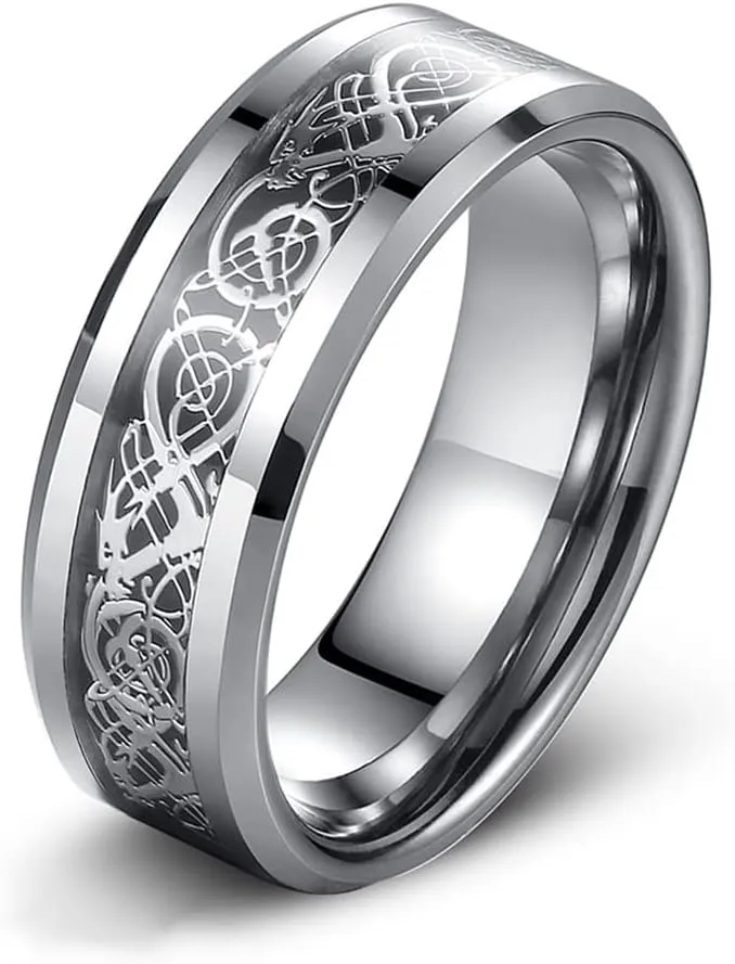 Men's Celtic Dragon Ring 8MM Silver/Black/Gold/Blue/Red Carbon Fiber Stainless Steel Ring for Men Women Engagement Wedding Band Beveled Edges Celtic Ring High Polished Comfort Fit US Size 5-13