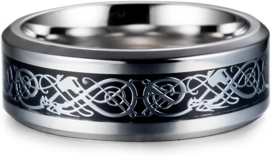Men's Celtic Dragon Ring 8MM Silver/Black/Gold/Blue/Red Carbon Fiber Stainless Steel Ring for Men Women Engagement Wedding Band Beveled Edges Celtic Ring High Polished Comfort Fit US Size 5-13