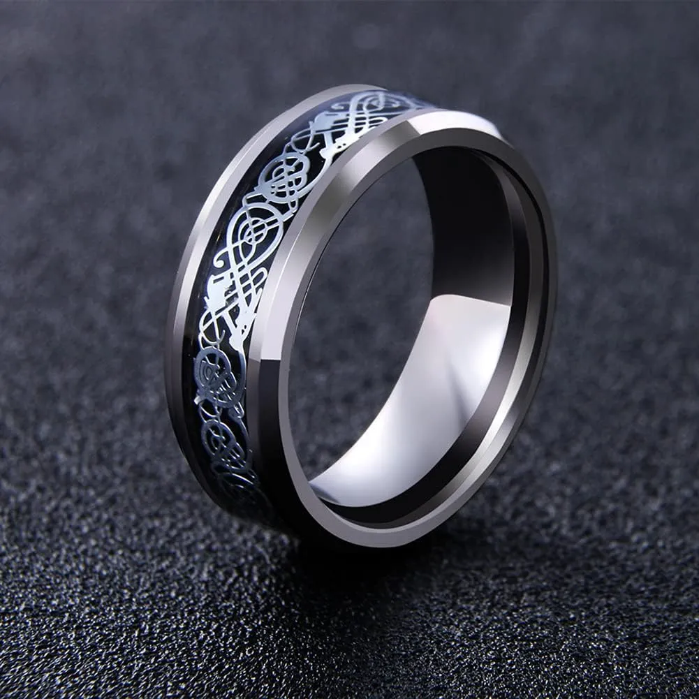 Men's Celtic Dragon Ring 8MM Silver/Black/Gold/Blue/Red Carbon Fiber Stainless Steel Ring for Men Women Engagement Wedding Band Beveled Edges Celtic Ring High Polished Comfort Fit US Size 5-13