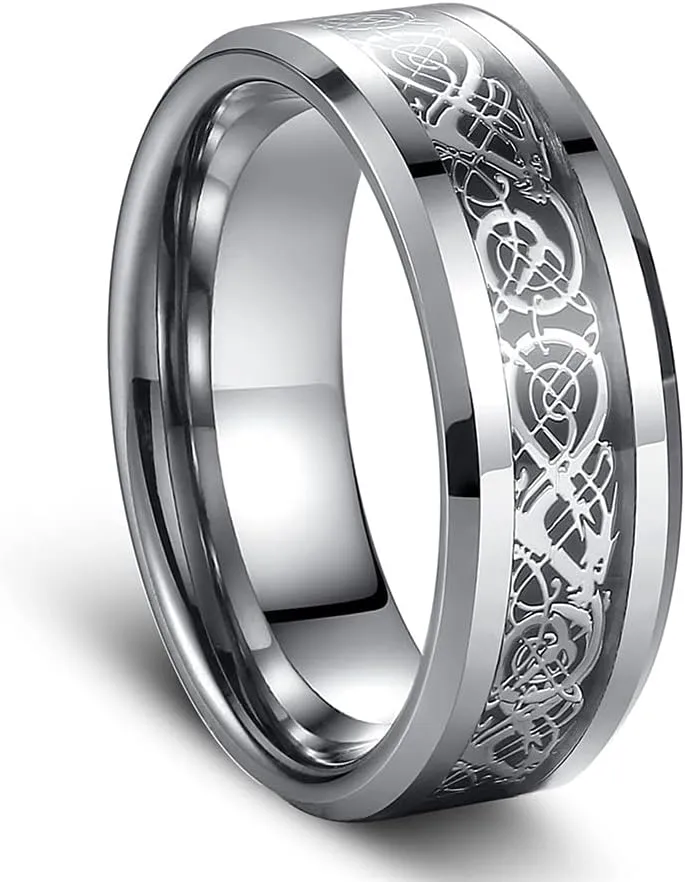 Men's Celtic Dragon Ring 8MM Silver/Black/Gold/Blue/Red Carbon Fiber Stainless Steel Ring for Men Women Engagement Wedding Band Beveled Edges Celtic Ring High Polished Comfort Fit US Size 5-13