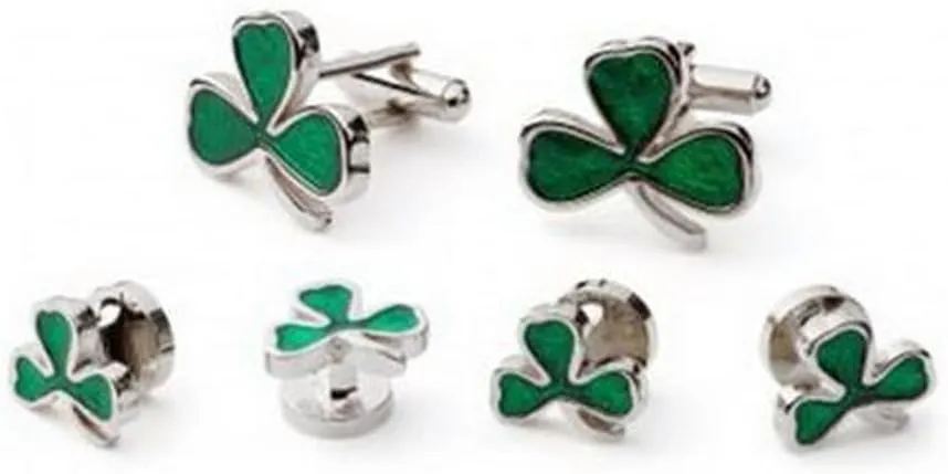 Mens Formal Wear Shamrock Green Cufflinks and Studs in Gold Tone Setting Groom Wedding Gift