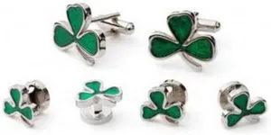 Mens Formal Wear Shamrock Green Cufflinks and Studs in Gold Tone Setting Groom Wedding Gift